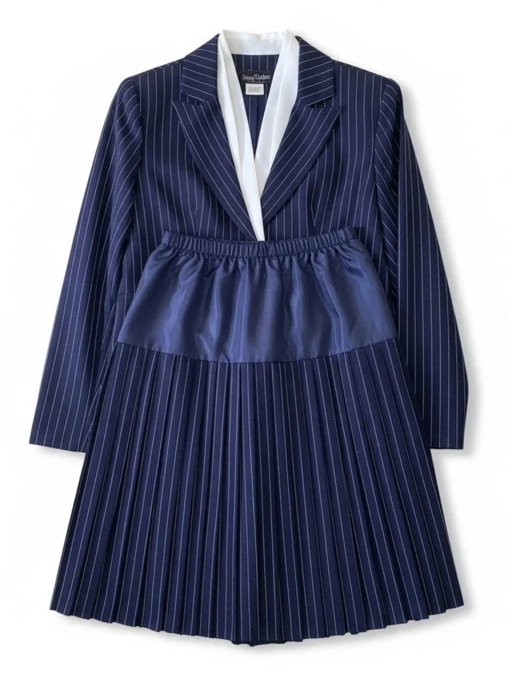 Oscar de la Renta Navy and White Pinstripe Pleated Skirt Suit